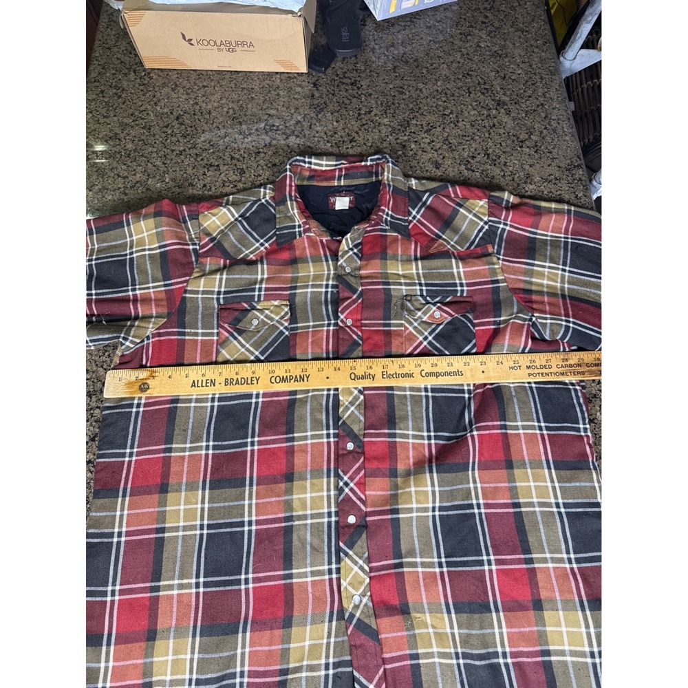 Wrangler Western Quilted Flannel Shirt Jacket Red Plaid Pearl Snap 3XT Tall - Picture 3 of 6